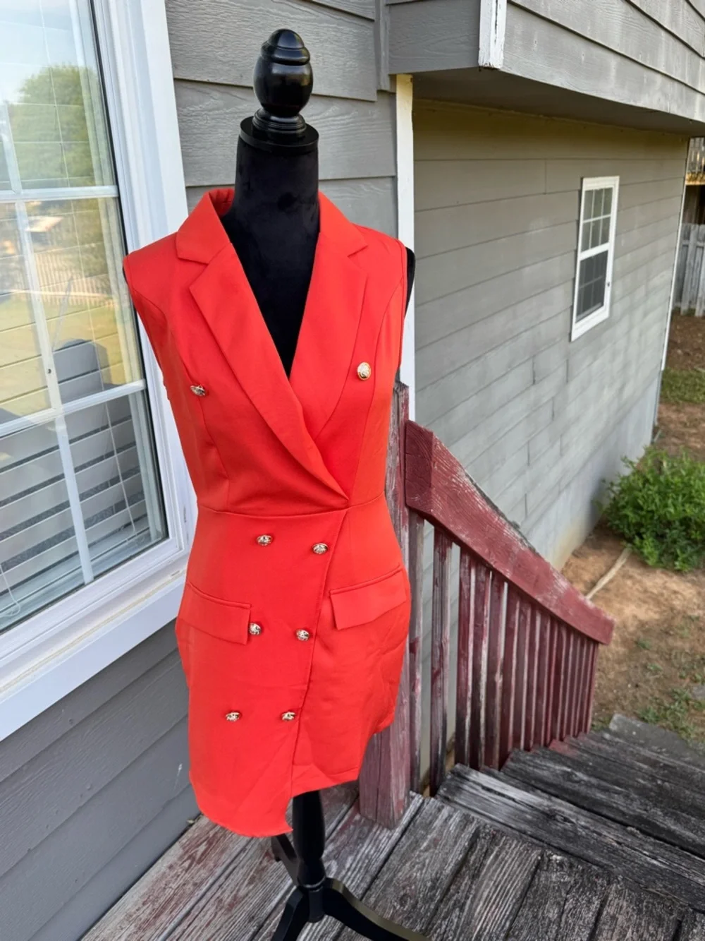 Sleeveless Coral Red/Orange‎ Double-Breasted Blazer Mini Dress